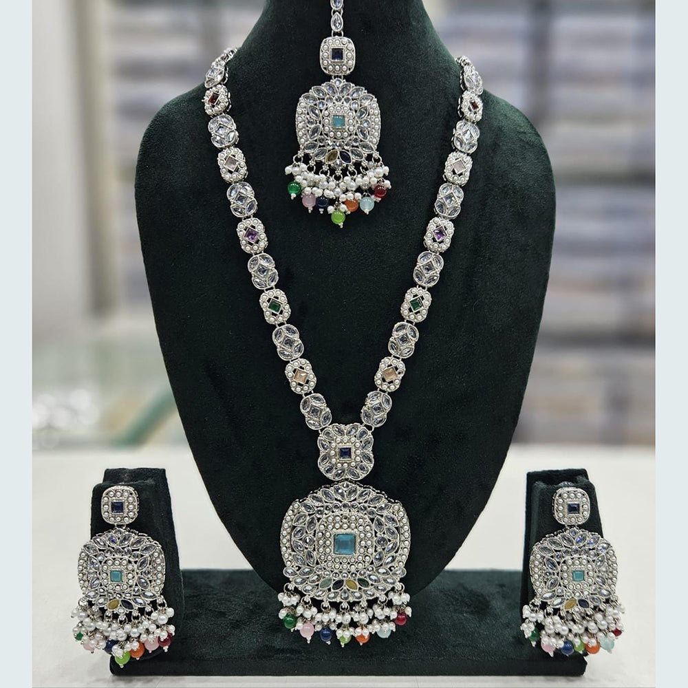 Rani Sati Jewels Silver Plated Crystal Stone And Pearls Long Necklace Set