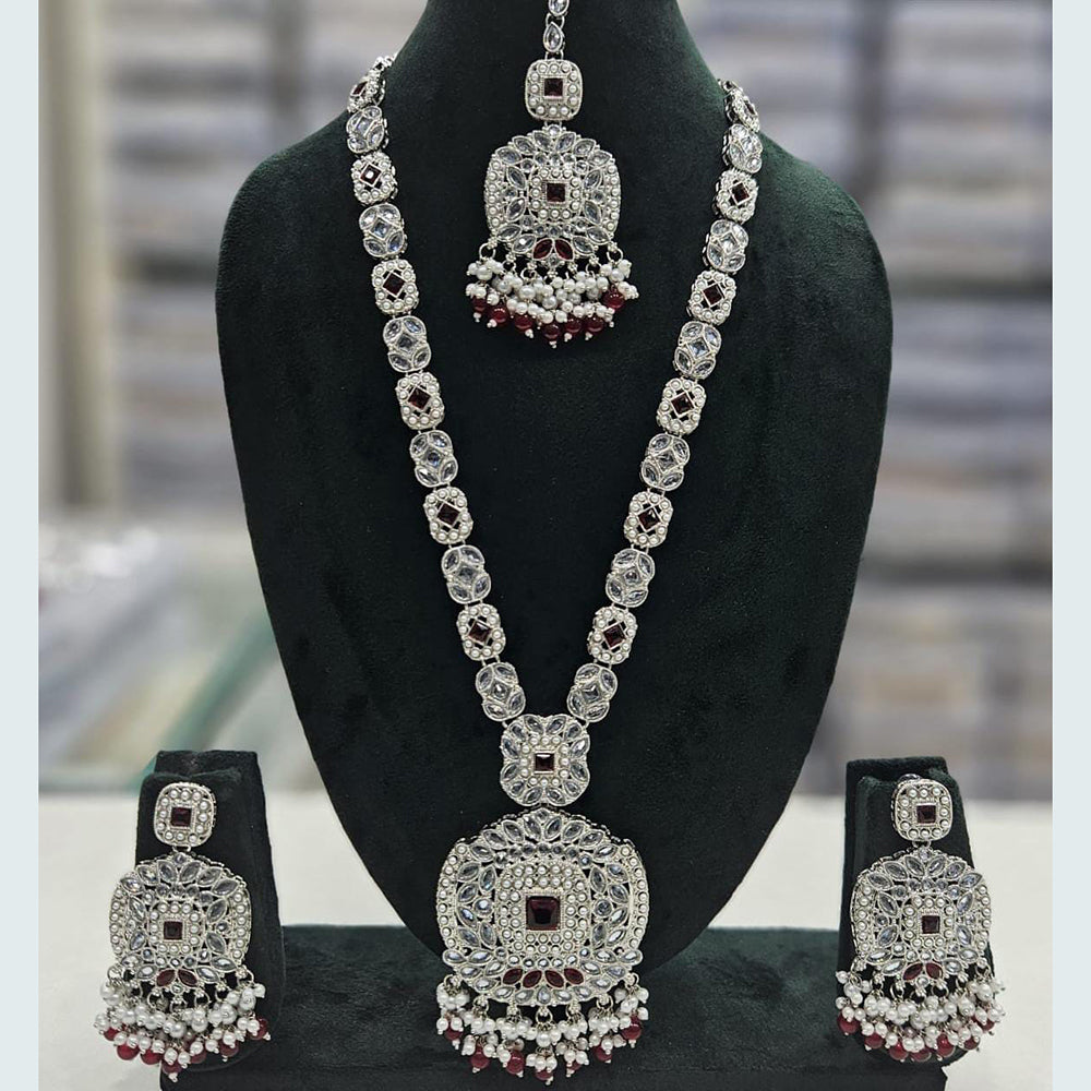 Rani Sati Jewels Silver Plated Crystal Stone And Pearls Long Necklace Set