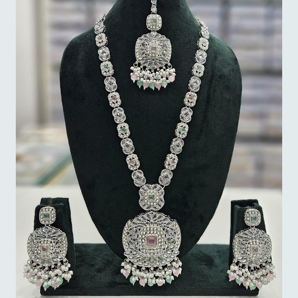 Rani Sati Jewels Silver Plated Crystal Stone And Pearls Long Necklace Set