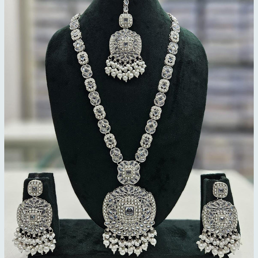Rani Sati Jewels Silver Plated Crystal Stone And Pearls Long Necklace Set
