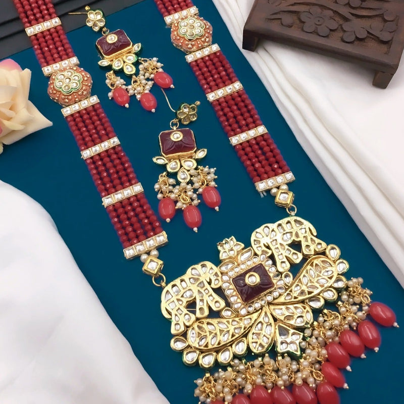 Shree Jai Sai Art Gold Plated Kundan And pearl Long Necklace Set