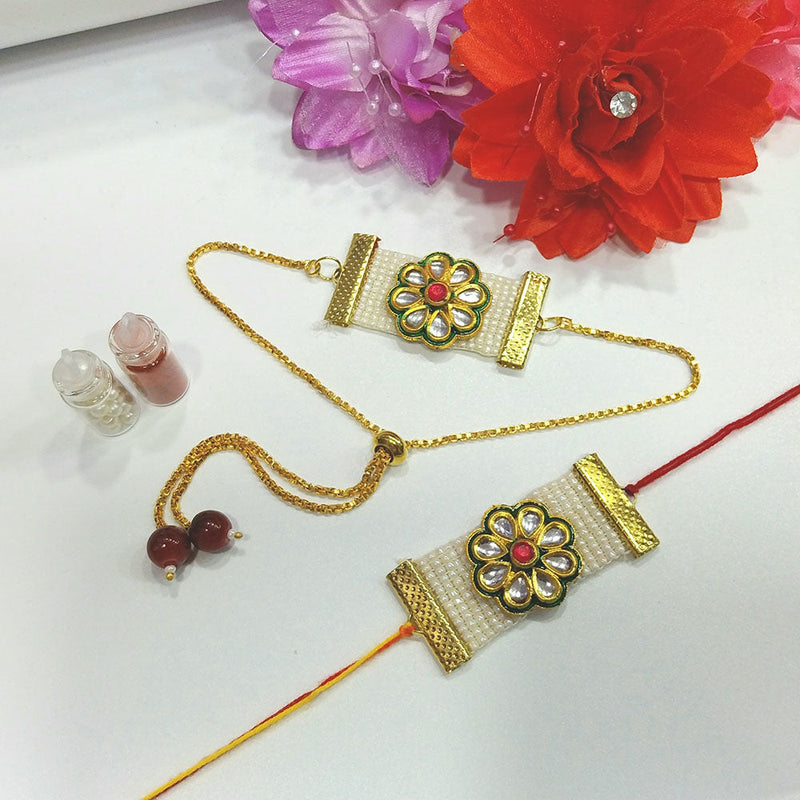 Shree Jai Sai Art Gold Plated Kundan And Pearls Rakhi Combo Set