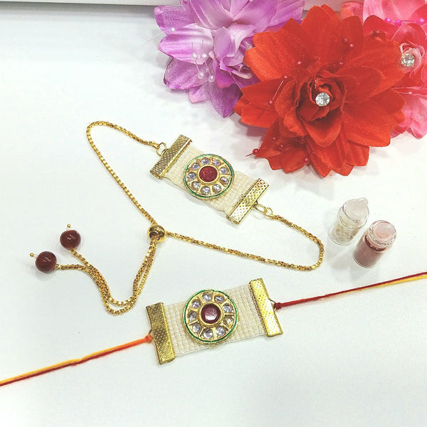 Shree Jai Sai Art Gold Plated Kundan And Pearls Rakhi Combo Set