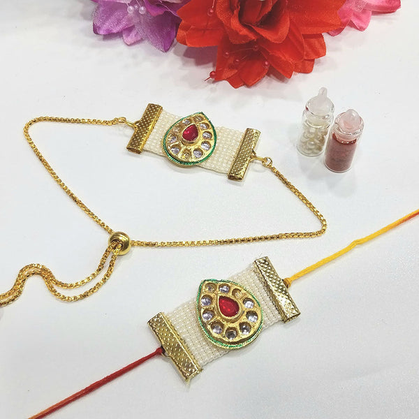 Shree Jai Sai Art Gold Plated Kundan And Pearls Rakhi Combo Set