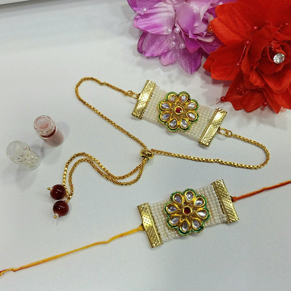 Shree Jai Sai Art Gold Plated Kundan And Pearls Rakhi Combo Set