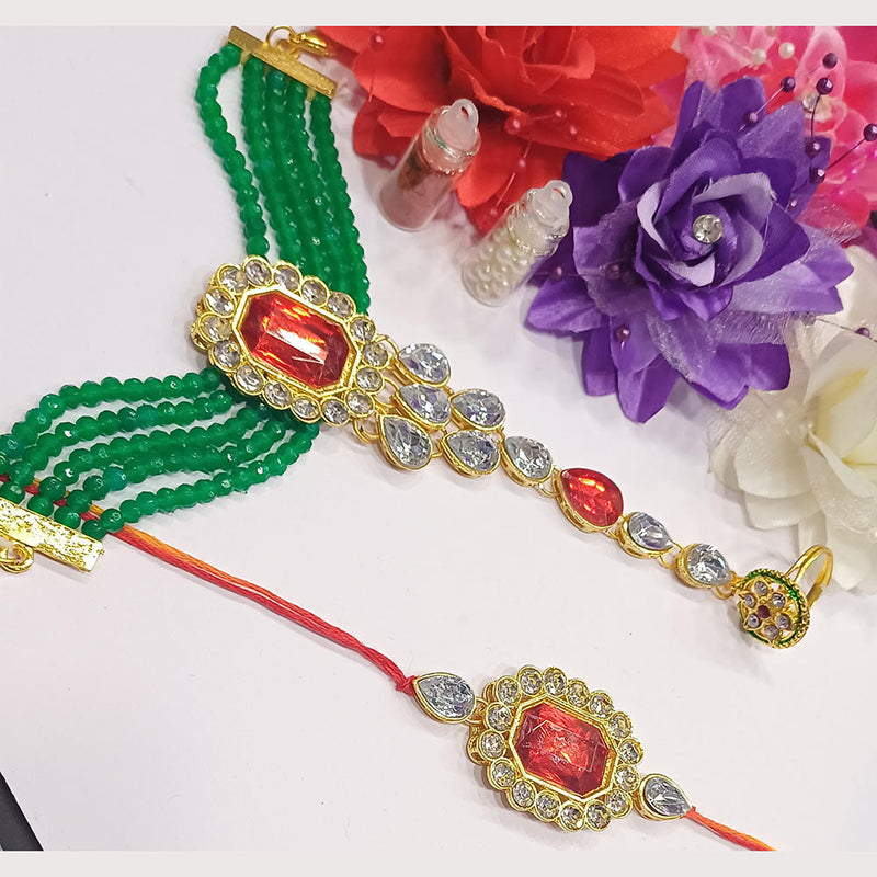 Shree Jai Sai Art Gold Plated Kundan And Pearls Rakhi Combo Set