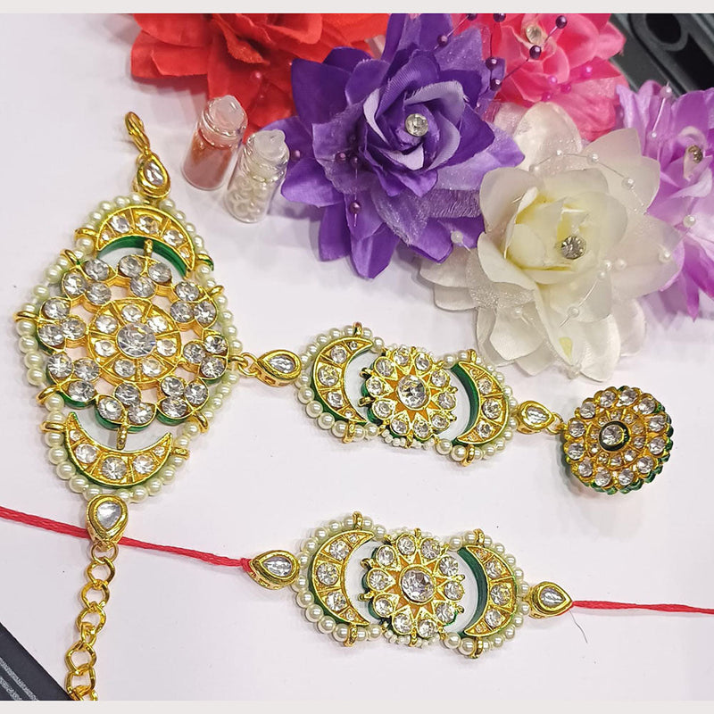 Shree Jai Sai Art Gold Plated Kundan And Pearls Rakhi Combo Set