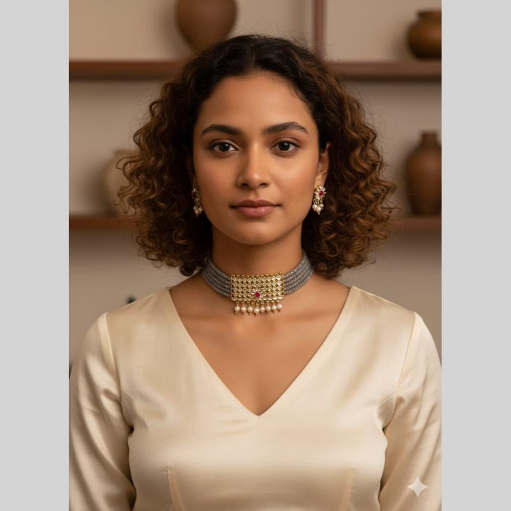 Naitika Arts Elegant Crystal Stone Pearl Choker Necklace Set