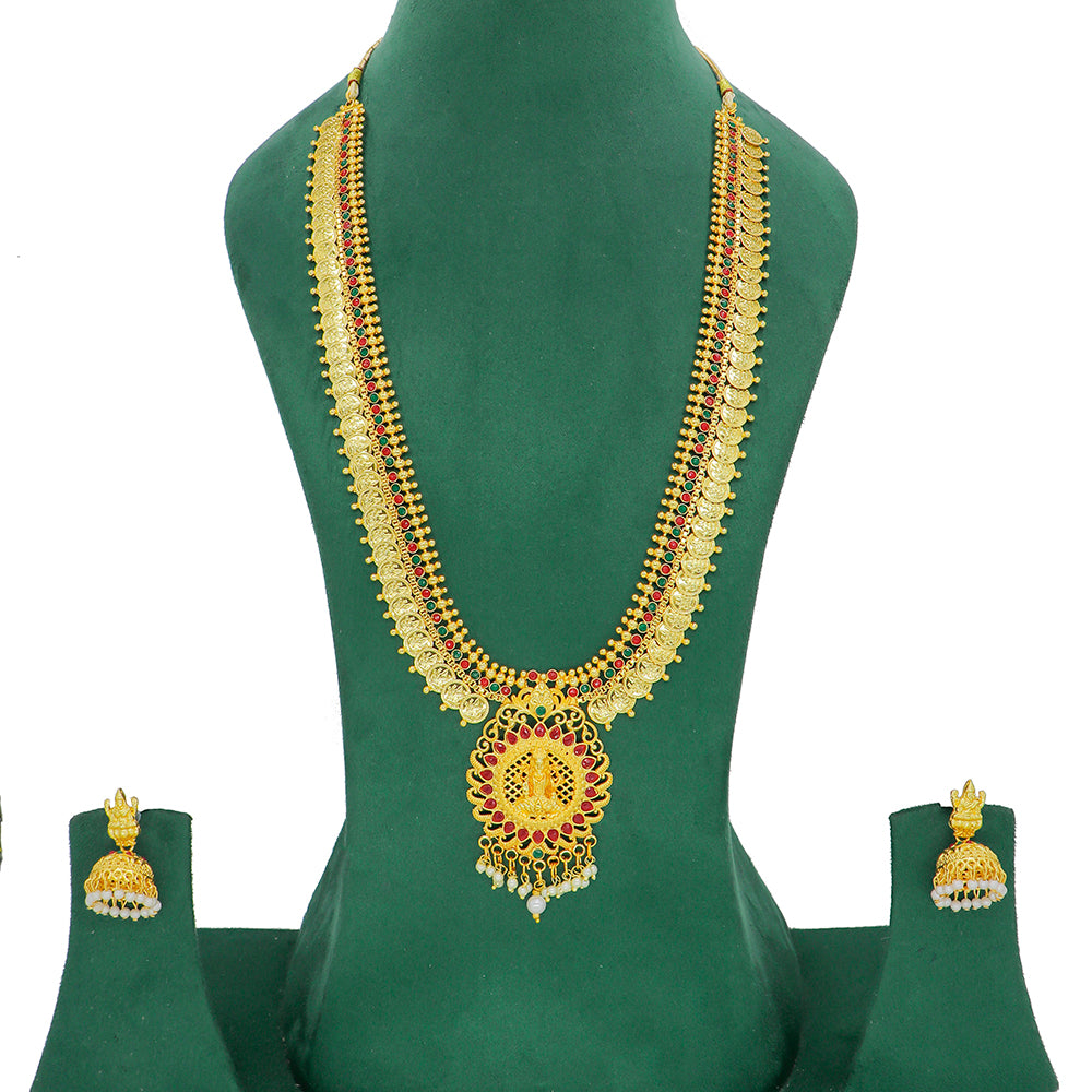 Mahavir Gold Plated Pota Stone Temple Long Necklace Set