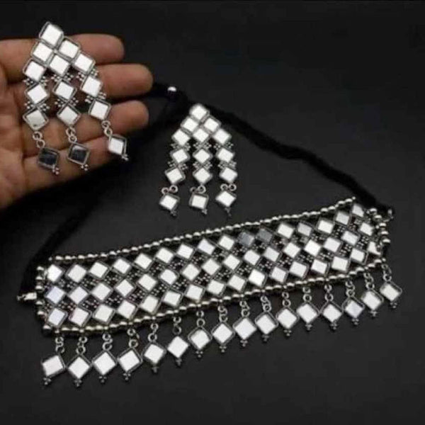 Bevy Pearls Oxidised Plated Mirror Choker Necklace Set