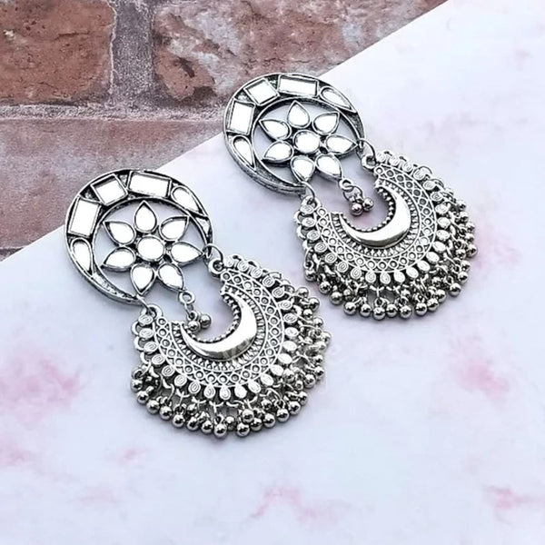 Bevy Pearls Oxidised Plated Mirror Dangler Earrings