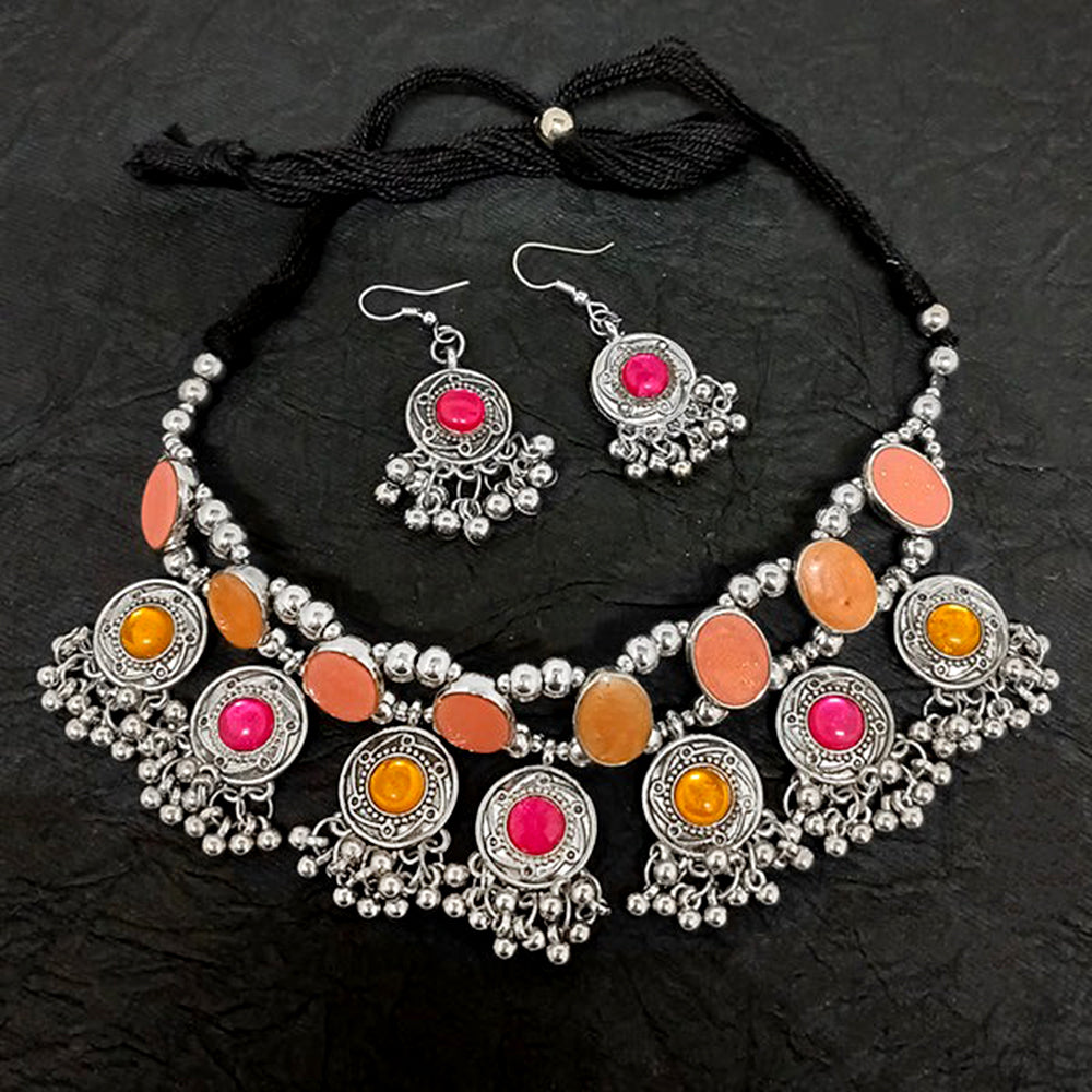Bevy Pearls Oxidised Plated Pota Stone Choker Necklace Set