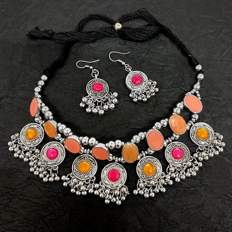 Bevy Pearls Oxidised Plated Pota Stone Choker Necklace Set