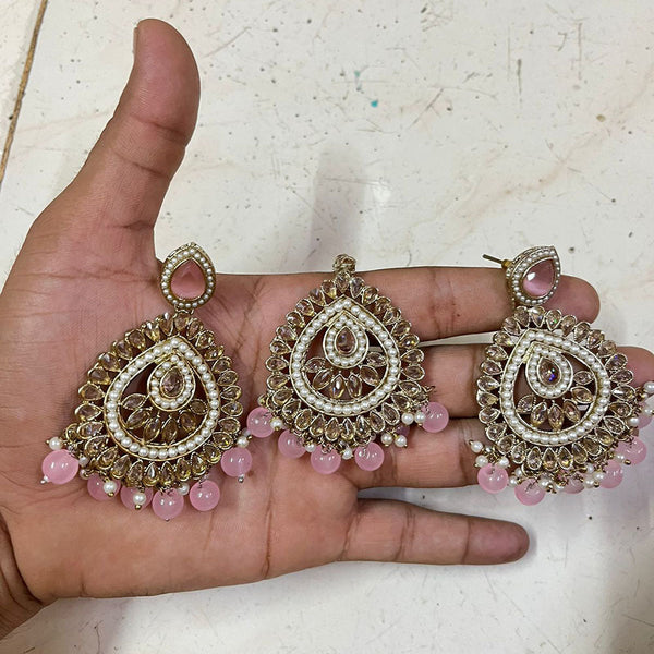 Shree Chamunda Jewellers Gold Plated Crystal Stone And Pearls Earrings With Maangtikka