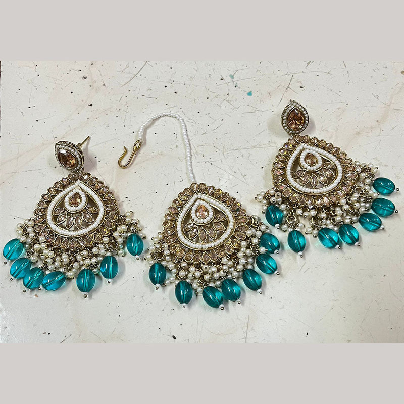 Shree Chamunda Jewellers Gold Plated Crystal Stone And Pearls Earrings With Maangtikka