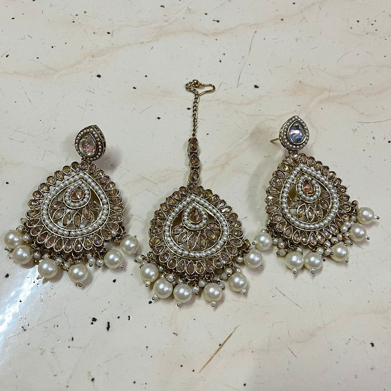 Shree Chamunda Jewellers Gold Plated Crystal Stone And Pearls Earrings With Maangtikka