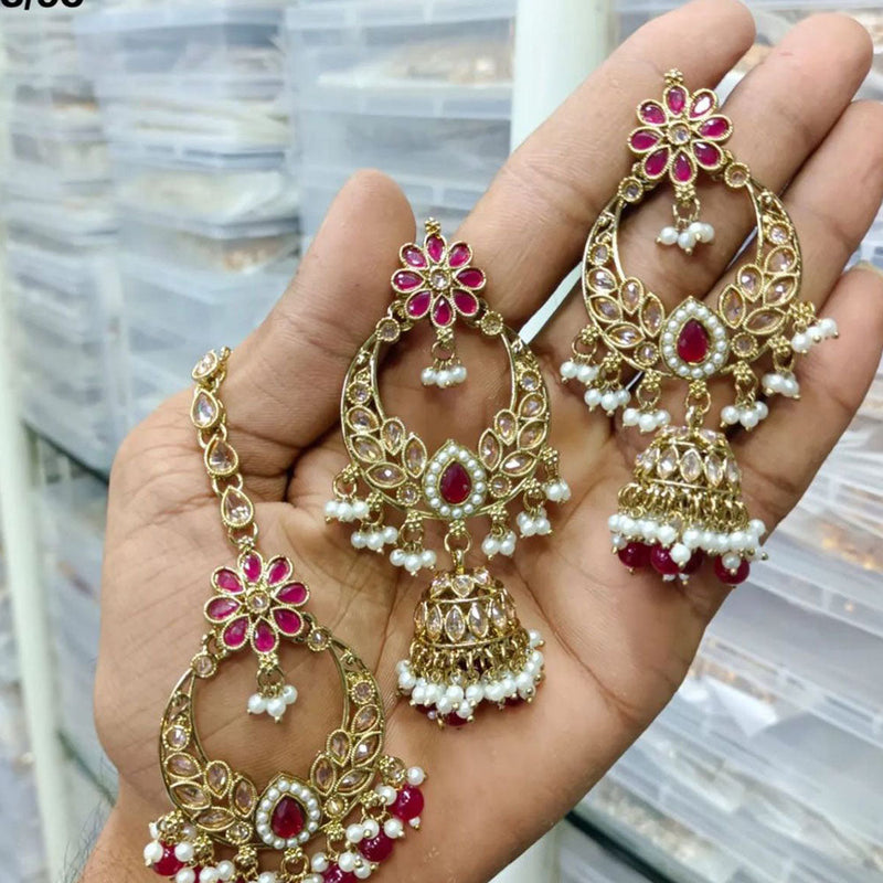 Shree Chamunda Jewellers Gold Plated Crystal Stone And Pearls Earrings With Maangtikka