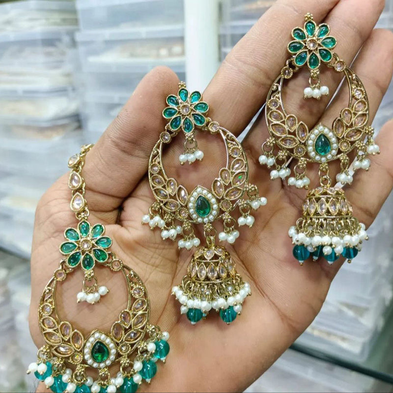 Shree Chamunda Jewellers Gold Plated Crystal Stone And Pearls Earrings With Maangtikka