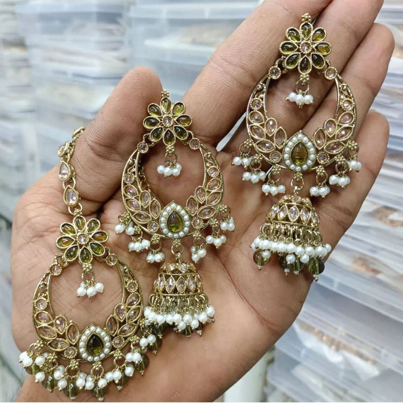 Shree Chamunda Jewellers Gold Plated Crystal Stone And Pearls Earrings With Maangtikka