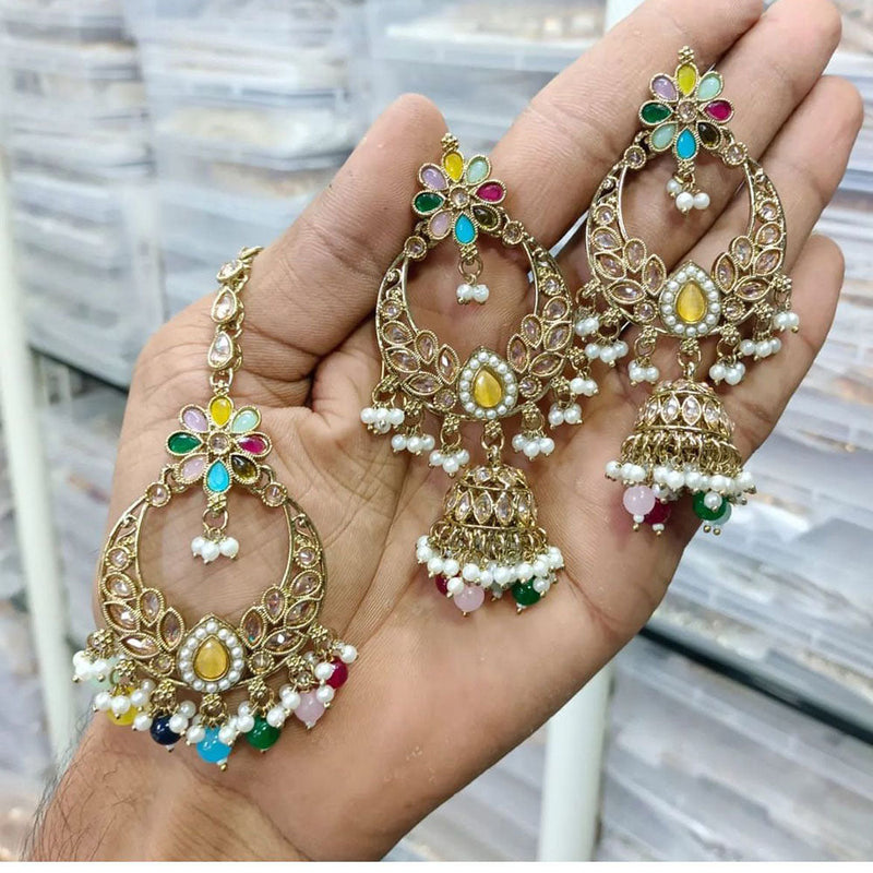 Shree Chamunda Jewellers Gold Plated Crystal Stone And Pearls Earrings With Maangtikka