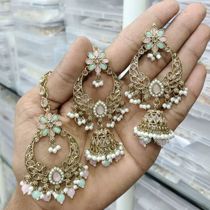 Shree Chamunda Jewellers Gold Plated Crystal Stone And Pearls Earrings With Maangtikka