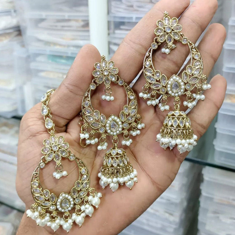 Shree Chamunda Jewellers Gold Plated Crystal Stone And Pearls Earrings With Maangtikka