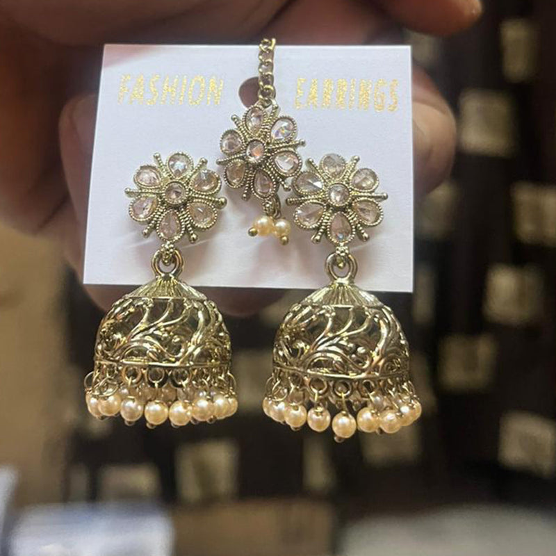 Shree Chamunda Jewellers Gold Plated Crystal Stone Jhumki With Maangtikka