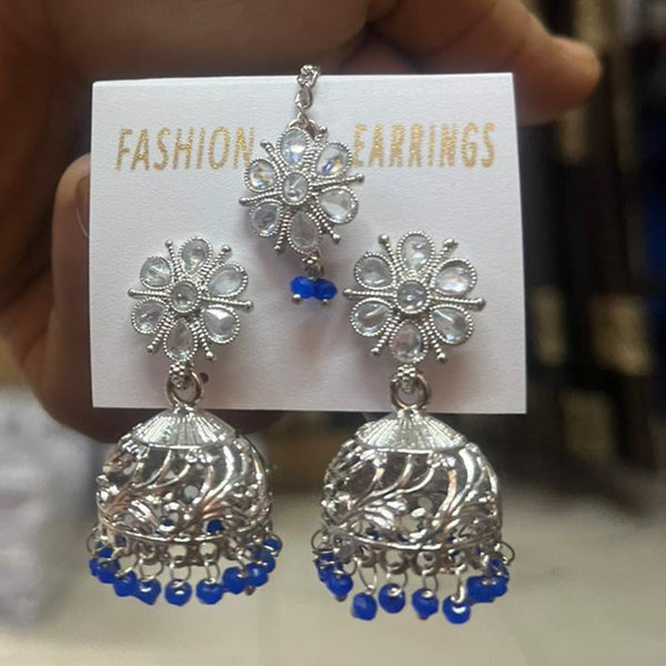 Shree Chamunda Jewellers Silver Plated Crystal Stone Jhumki With Maangtikka