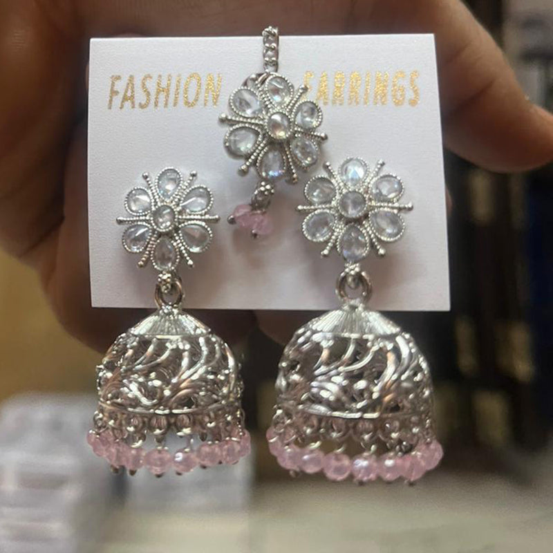 Shree Chamunda Jewellers Silver Plated Crystal Stone Jhumki With Maangtikka