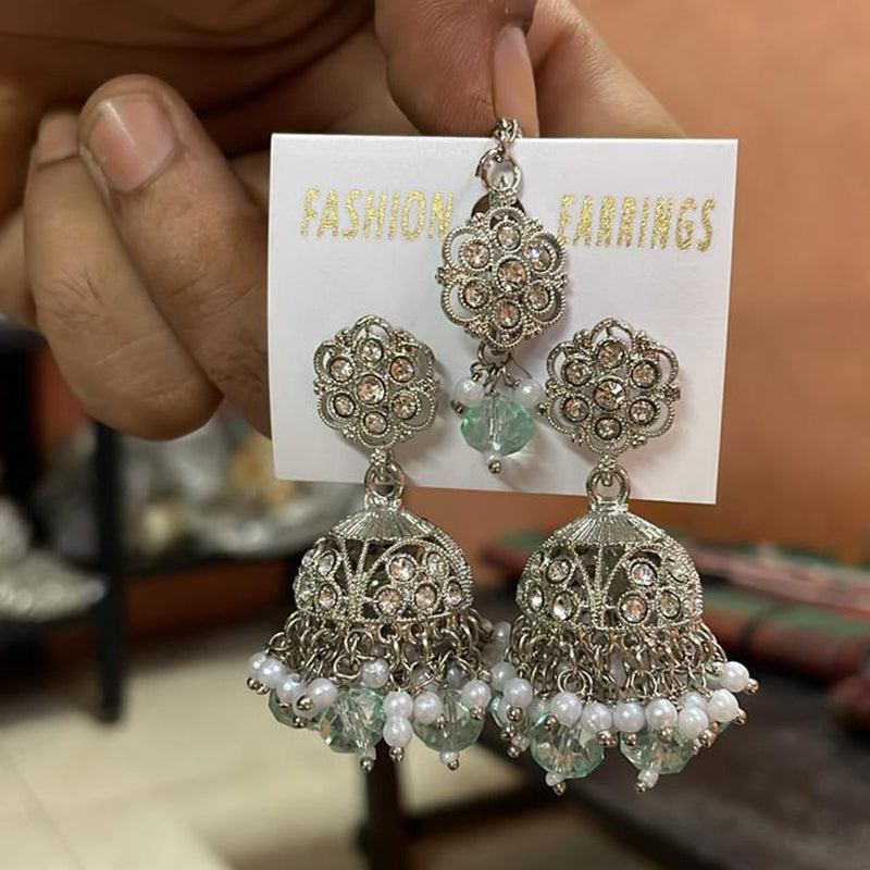 Shree Chamunda Jewellers Silver Plated Austrian Stone Jhumki With Maangtikka