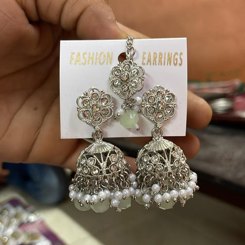 Shree Chamunda Jewellers Silver Plated Austrian Stone Jhumki With Maangtikka