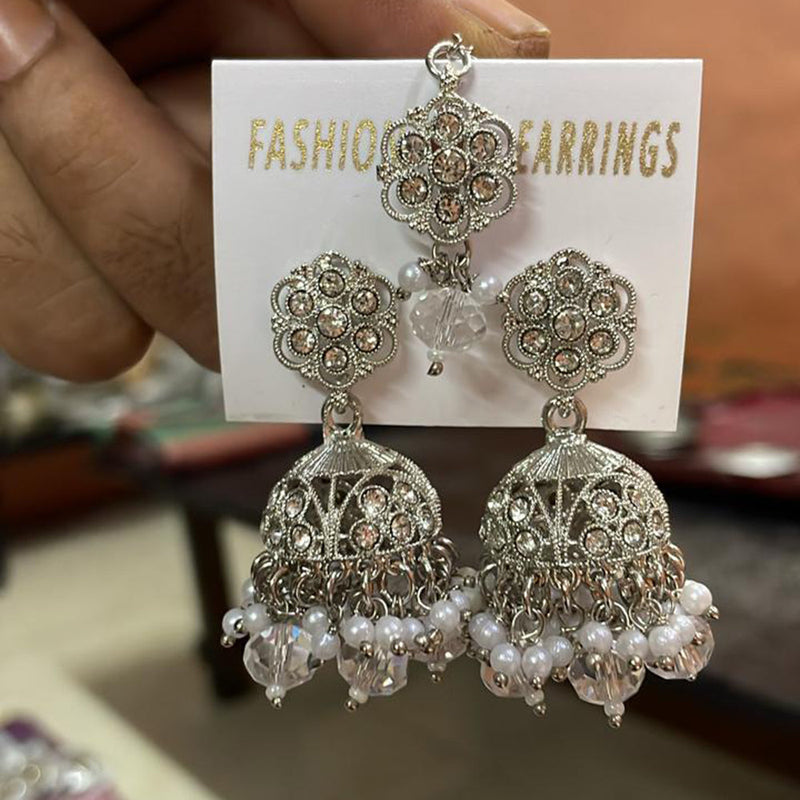 Shree Chamunda Jewellers Silver Plated Austrian Stone Jhumki With Maangtikka