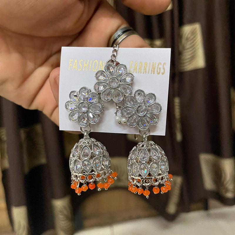 Shree Chamunda Jewellers Silver Plated Crystal Stone Jhumki With Maangtikka