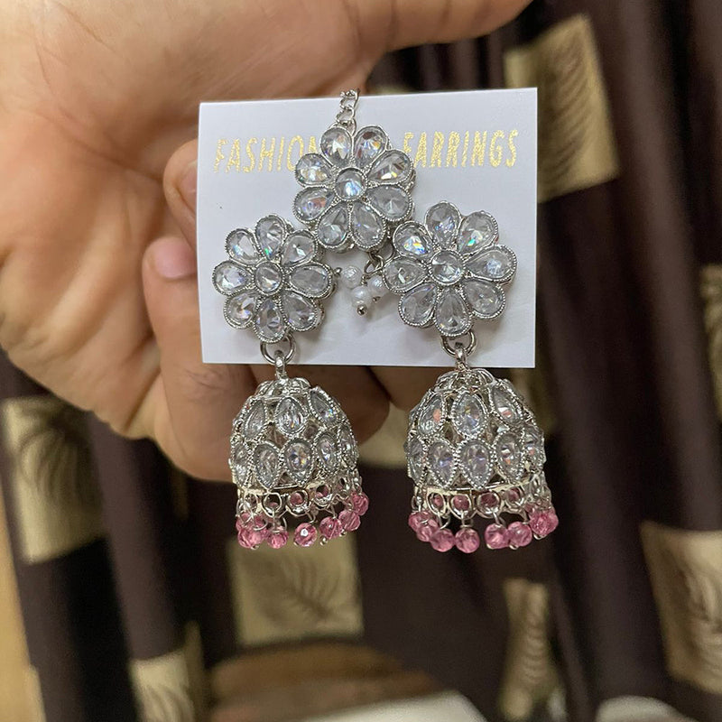 Shree Chamunda Jewellers Silver Plated Crystal Stone Jhumki With Maangtikka