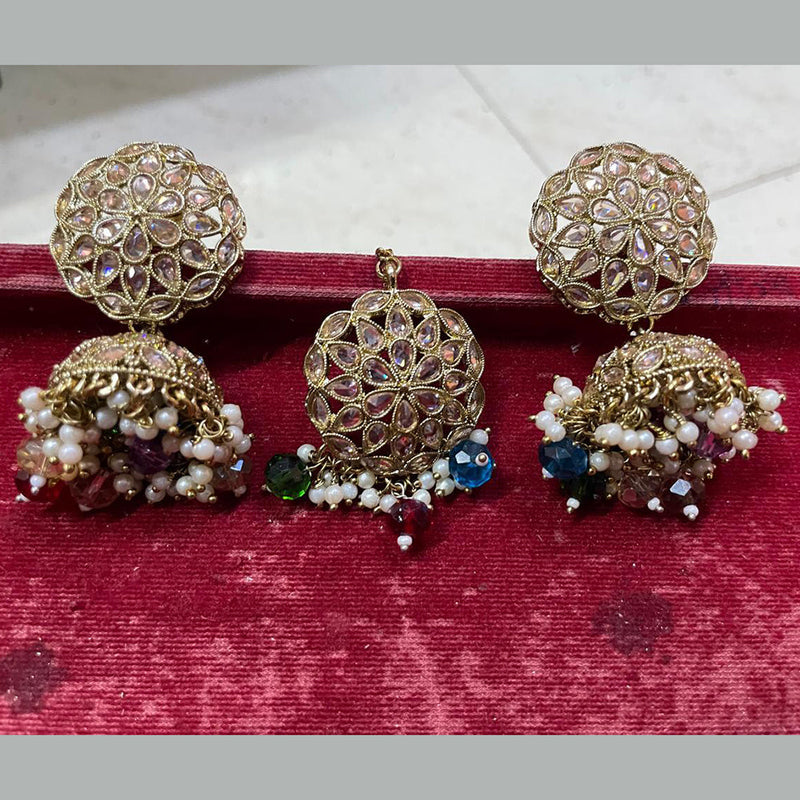 Shree Chamunda Jewellers Gold Plated Crystal Stone Jhumki With Maangtikka