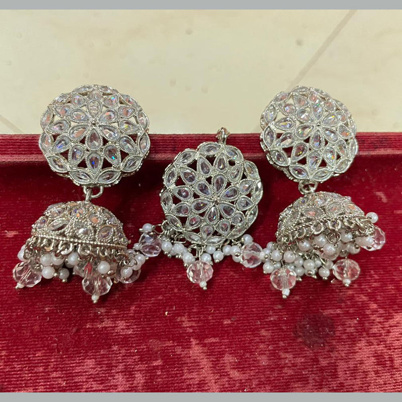 Shree Chamunda Jewellers Silver Plated Crystal Stone Jhumki With Maangtikka