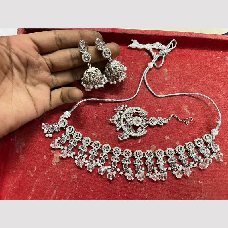 Shree Chamunda Jewellers Silver Plated  Crystal Stone Pearl Necklace Set