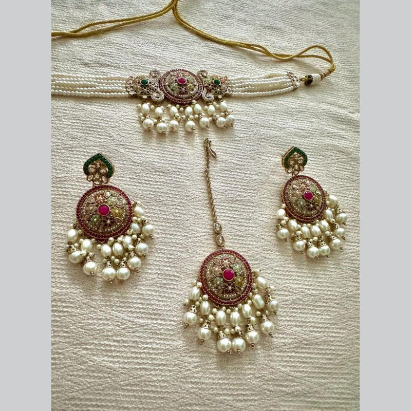 Shree Chamunda Jewellers Gold Plated Austrian Stone And Pearl Choker Necklace Set