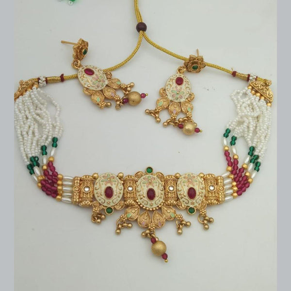 Shree Chamunda Jewellers Gold Plated Pota Stone And Pearl Choker Necklace Set