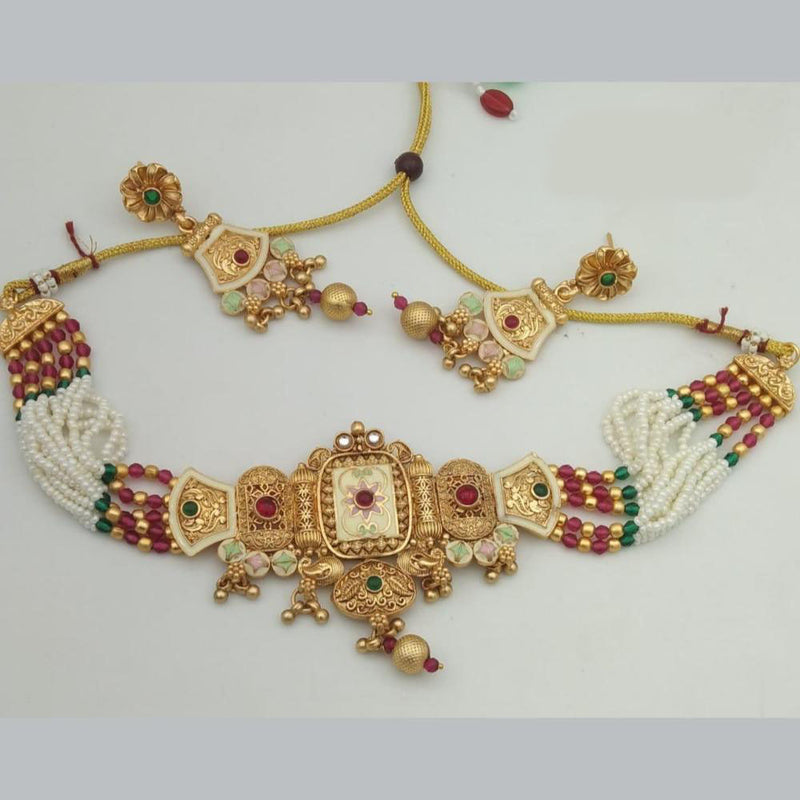 Shree Chamunda Jewellers Gold Plated Pota Stone And Pearl Choker Necklace Set