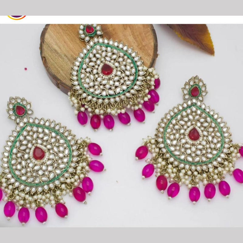 Shree Chamunda Jewellers Gold Plated Kundan Dangler Earrings With Maangtikka