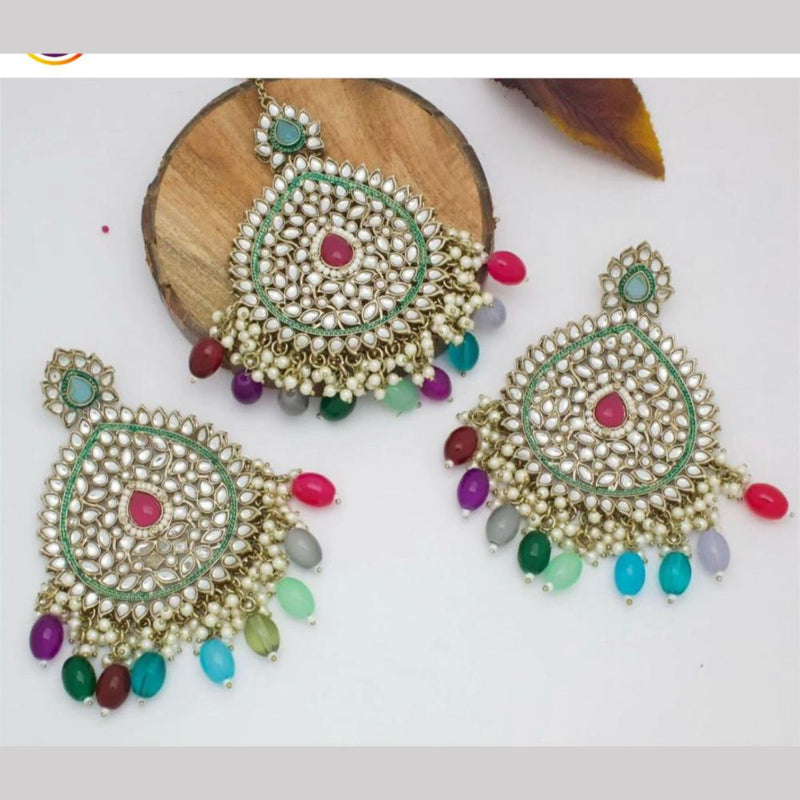 Shree Chamunda Jewellers Gold Plated Kundan Dangler Earrings With Maangtikka