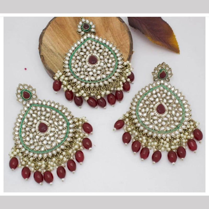 Shree Chamunda Jewellers Gold Plated Kundan Dangler Earrings With Maangtikka