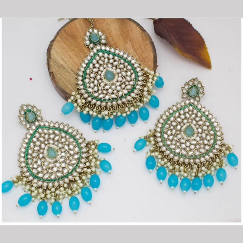 Shree Chamunda Jewellers Gold Plated Kundan Dangler Earrings With Maangtikka