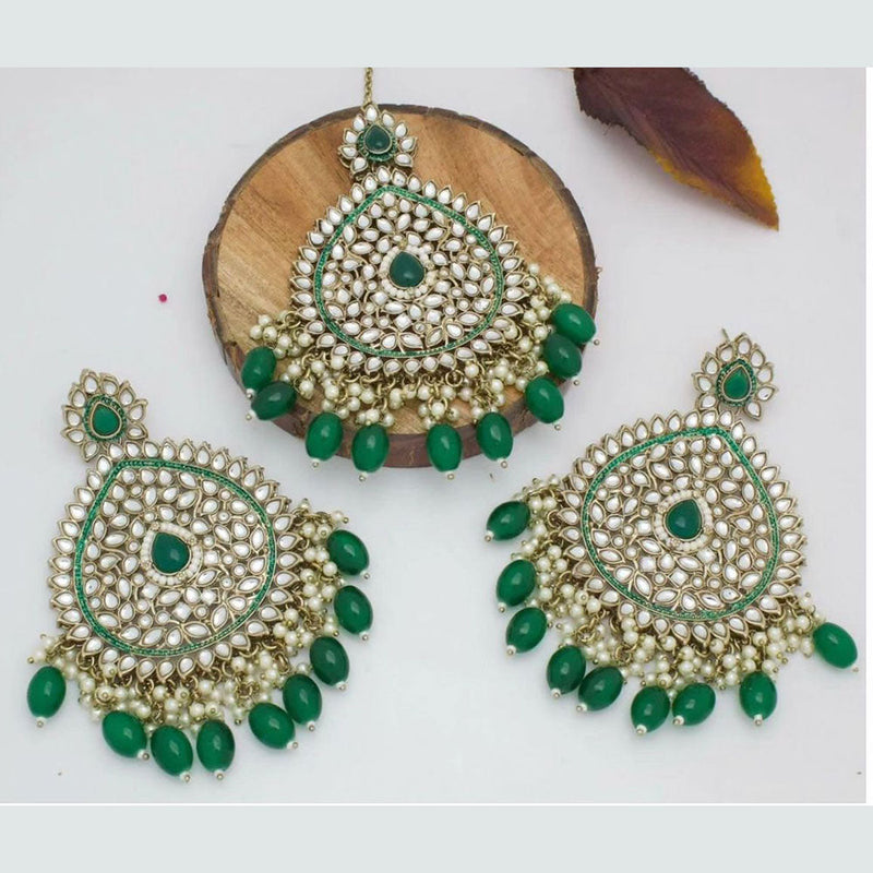 Shree Chamunda Jewellers Gold Plated Kundan Stone Dangler Earrings With Maangtikka