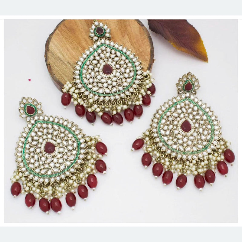 Shree Chamunda Jewellers Gold Plated Kundan Stone Dangler Earrings With Maangtikka