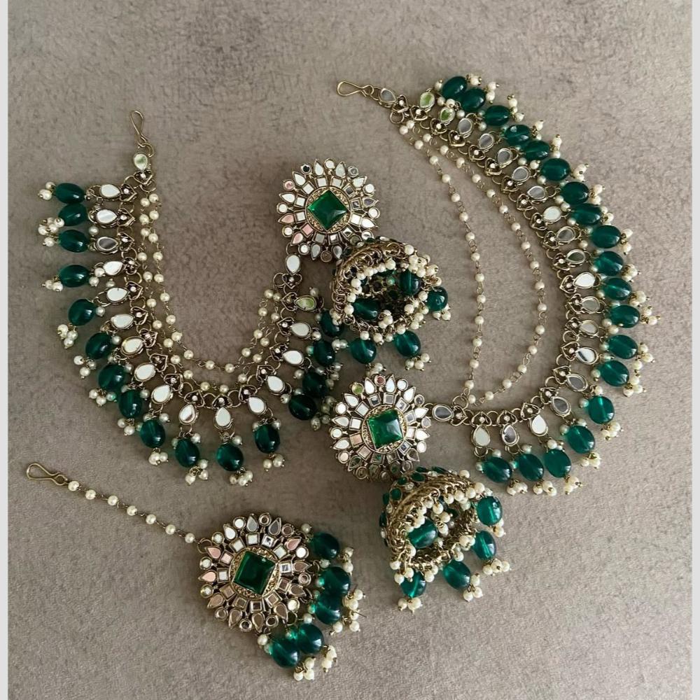 Shree Chamunda Jewellers Gold Plated Mirror And Beads Jhumki Kanchain Earrings With Maangtikka