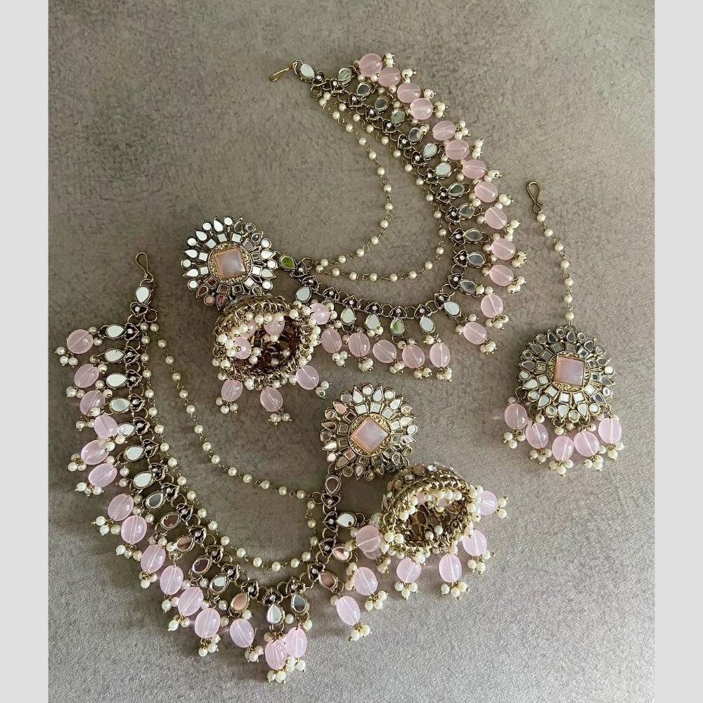 Shree Chamunda Jewellers Gold Plated Mirror And Beads Jhumki Kanchain Earrings With Maangtikka