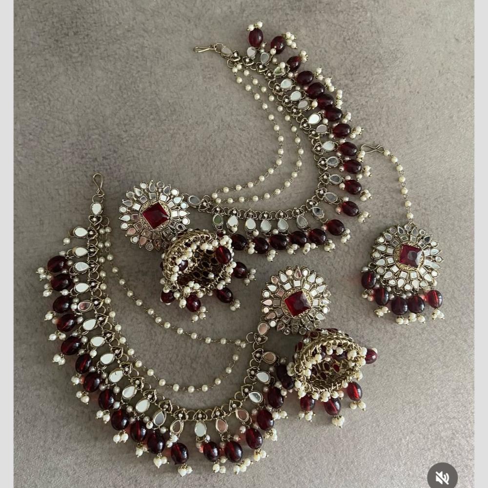Shree Chamunda Jewellers Gold Plated Mirror And Beads Jhumki Kanchain Earrings With Maangtikka