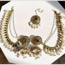 Shree Chamunda Jewellers Gold Plated Mirror And Beads Jhumki Kanchain Earrings With Maangtikka